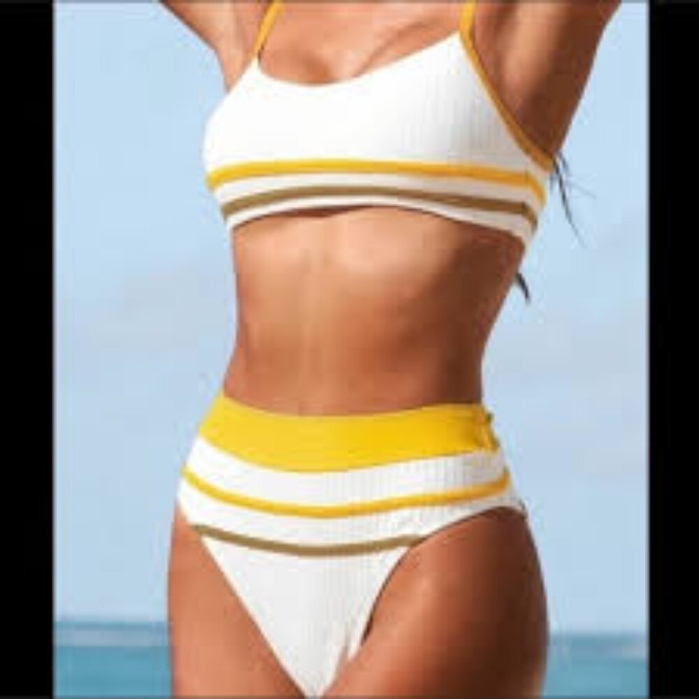 Cupshe White and Yellow Ribbed Cheeky Back Tank Bikini Set sz M EUC